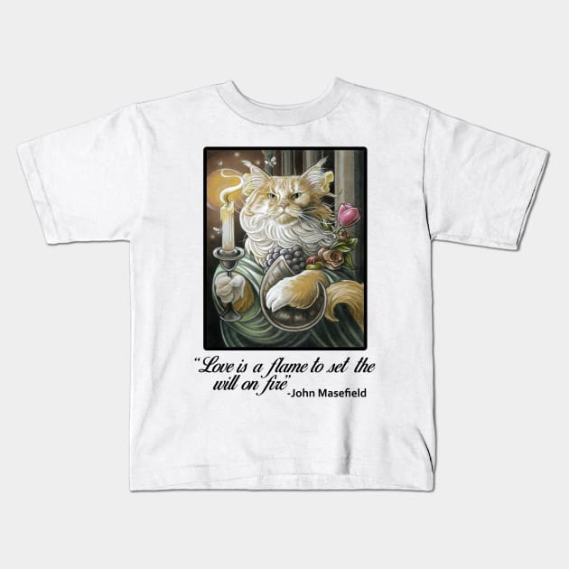 Candle Light Cat - Love is a Flame Quote - Black Outlined Version Kids T-Shirt by Nat Ewert Art